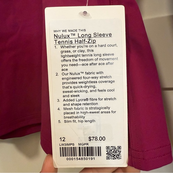 NWT Sz 12 NULUX LONG SLEEVE TENNIS HALF-ZIP Magenta Purple MGPR Lululemon - Picture 7 of 13